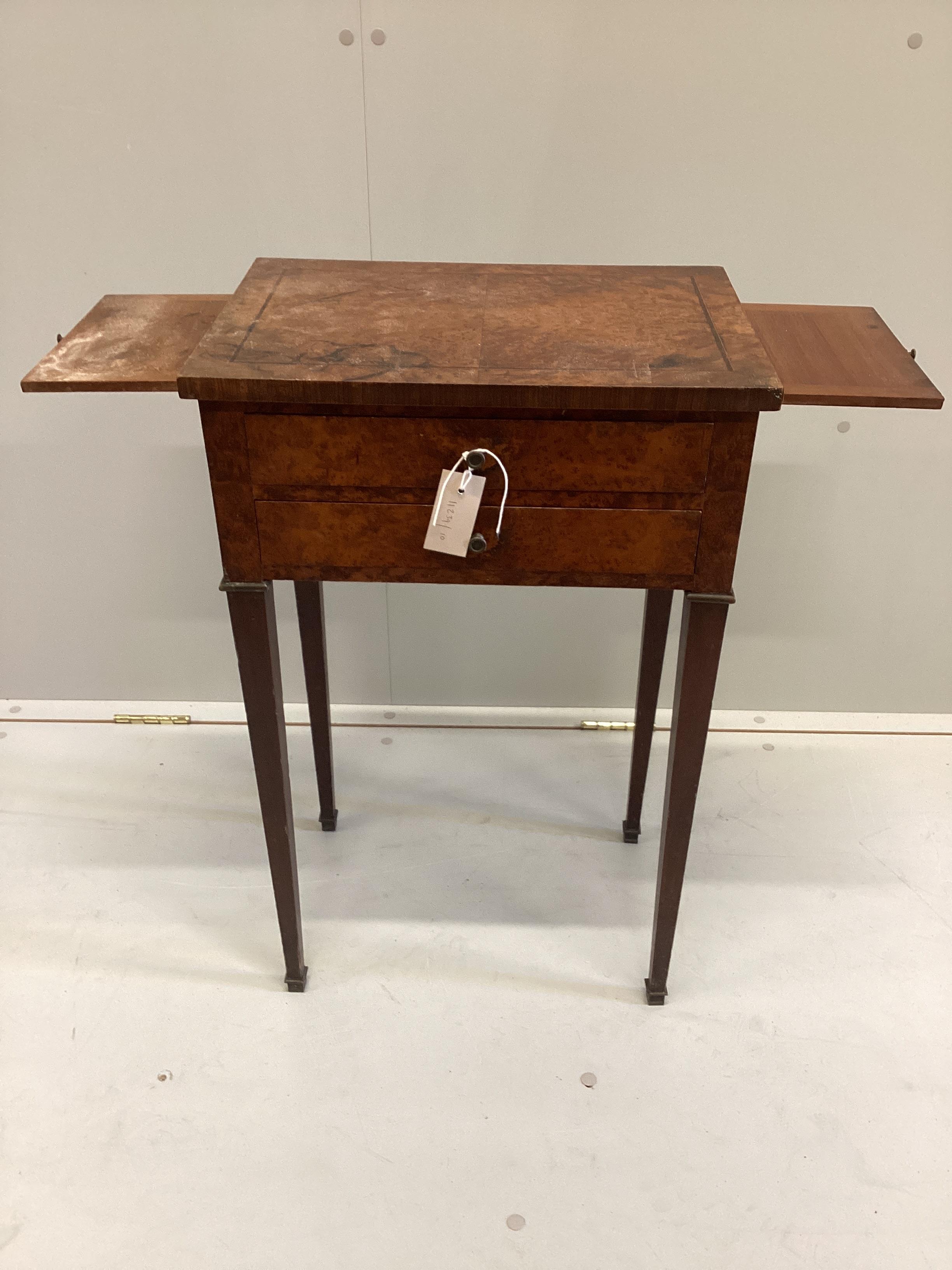 A 19th century bird's eye maple two drawer work table, width 45cm, depth 32cm, height 72cm